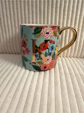 Rifle Paper Co. & Anthropologie Aqua Floral Mug with Gold 'K' and Gold Handle